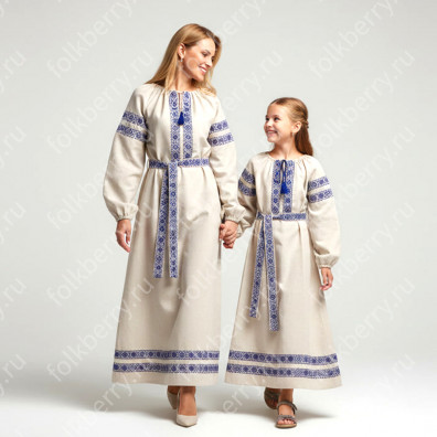 Платье Берегиня, небеленый лен с синим- фото 1